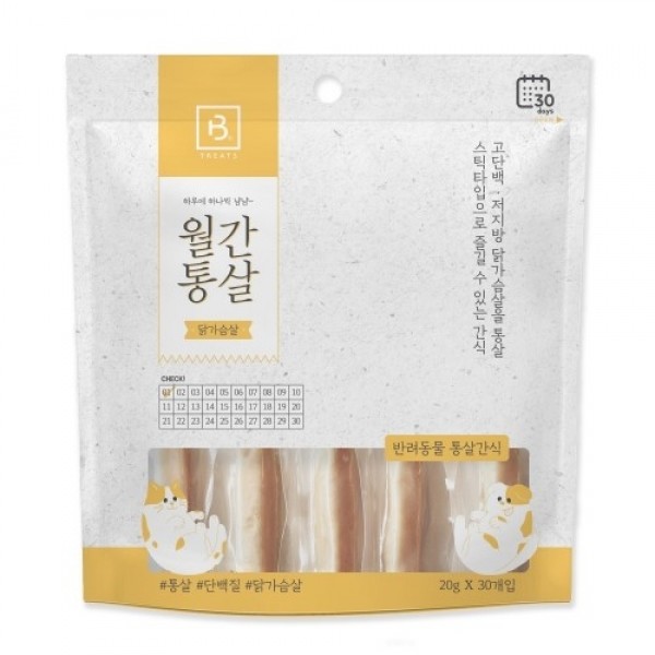 페오펫몰,브리더랩 월간 통살 30p 강아지 보양식 연어맛 닭가슴살 황태맛 가다랑어맛