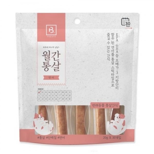 페오펫몰,브리더랩 월간 통살 30p 강아지 보양식 연어맛 닭가슴살 황태맛 가다랑어맛
