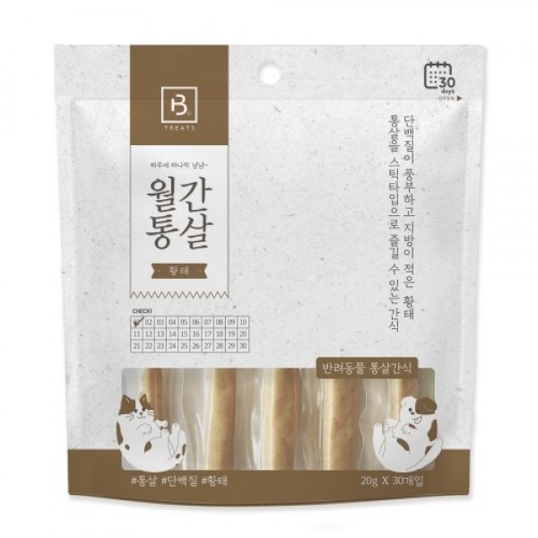 페오펫몰,브리더랩 월간 통살 30p 강아지 보양식 연어맛 닭가슴살 황태맛 가다랑어맛
