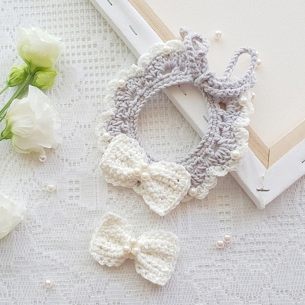 페오펫몰,어거스트제이 그레이스리본 강아지 고양이 뜨개 케이프 목걸이