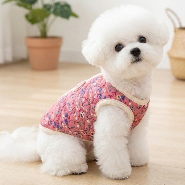 페오펫몰,[예보들][꽃길특가] 하네스 필요없는 강아지 누빔 조끼 강아지 패딩 조끼 하네스 일체형 퀼팅 겨울 옷 누빔 산책용 꽃무늬 소형견 중형견