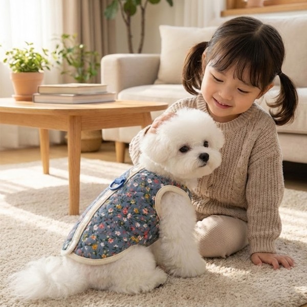 페오펫몰,[예보들][꽃길특가] 하네스 필요없는 강아지 누빔 조끼 강아지 패딩 조끼 하네스 일체형 퀼팅 겨울 옷 누빔 산책용 꽃무늬 소형견 중형견
