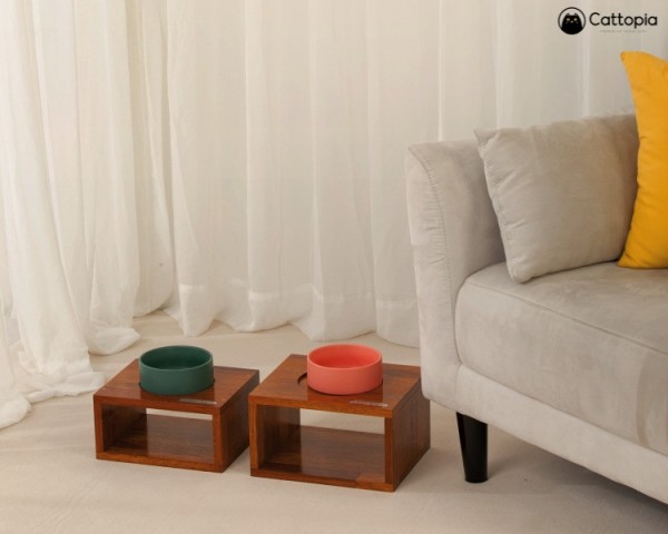 페오펫몰,캣토피아 만장식탁 강아지 고양이 높이선택 문구각인 식기 식탁 밥그릇 멀바우 칼라도자기