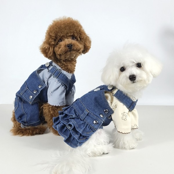 페오펫몰,그루밍독 반려동물 빈티지 데님 오버롤 & 스커트 S-2XL, 1 colors