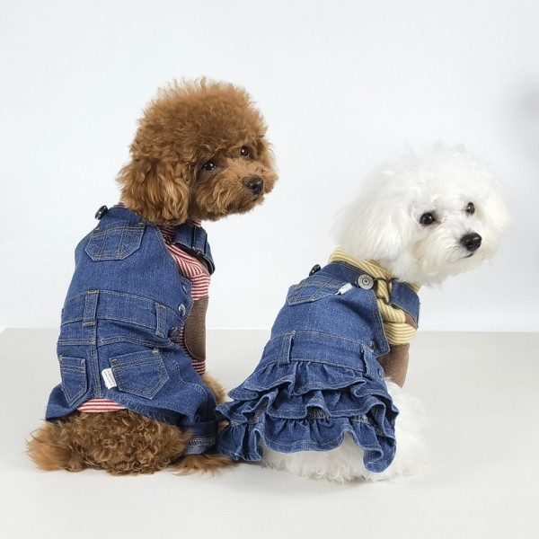 페오펫몰,그루밍독 반려동물 빈티지 데님 오버롤 & 스커트 S-2XL, 1 colors