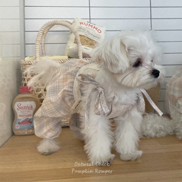 페오펫몰,[우다다다] Oatmeal Pumpkin Romper 오트밀체크 펌킨 롬퍼