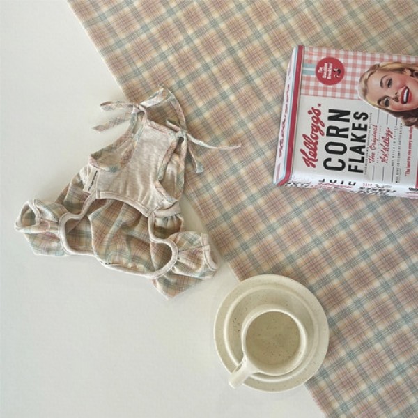 페오펫몰,[우다다다] Oatmeal Pumpkin Romper 오트밀체크 펌킨 롬퍼