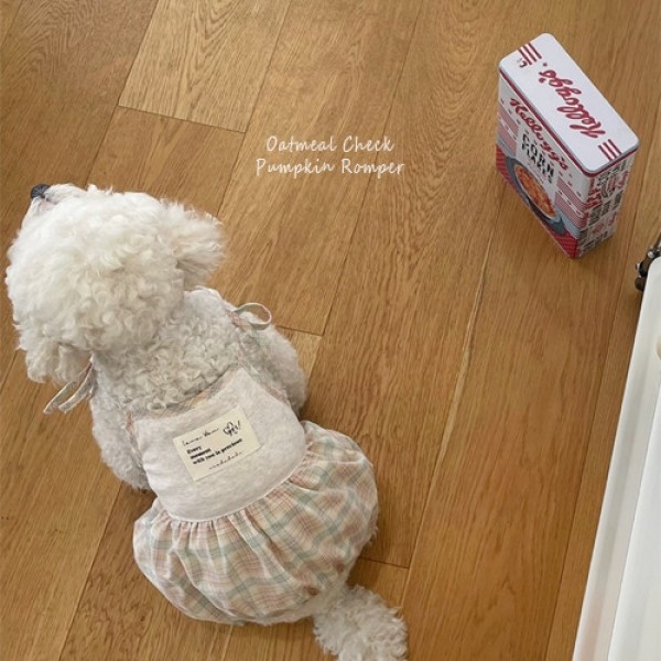 페오펫몰,[우다다다] Oatmeal Pumpkin Romper 오트밀체크 펌킨 롬퍼