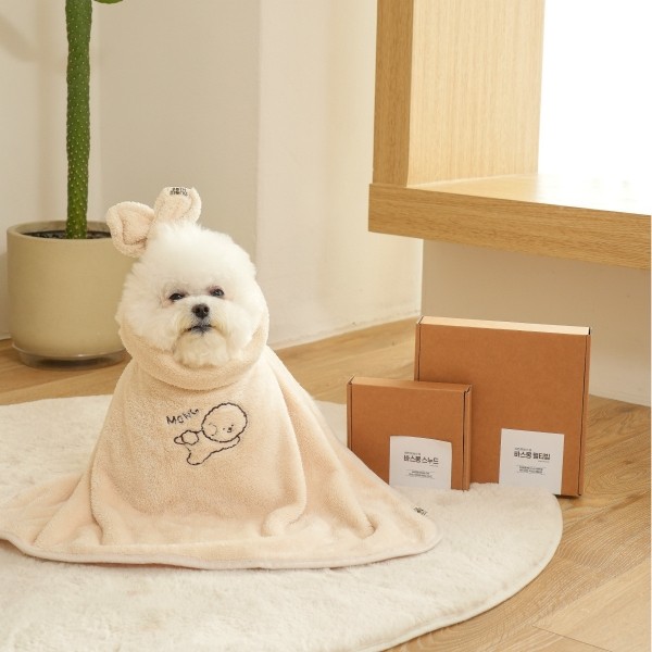 페오펫몰,[바스몽] 강아지 헤어밴드 스누드+다용도 망토형 목욕 물놀이가운 멀티빕 SET