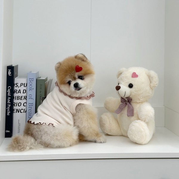 페오펫몰,디어아지 강아지니트 플라워 프릴 민소매 레이스 옷 아이보리