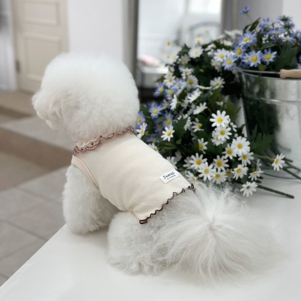 페오펫몰,디어아지 강아지니트 플라워 프릴 민소매 레이스 옷 아이보리