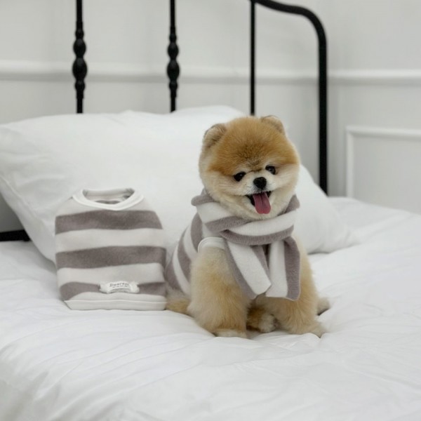 페오펫몰,디어아지 강아지 기모 스트라이프 민소매 겨울 티셔츠 그레이