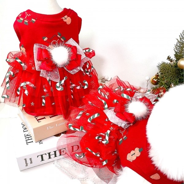 페오펫몰,플로피이얼스,크리스마스 레드켄디 강아지드레스,애견원피스