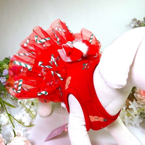 페오펫몰,플로피이얼스,크리스마스 레드켄디 강아지드레스,애견원피스