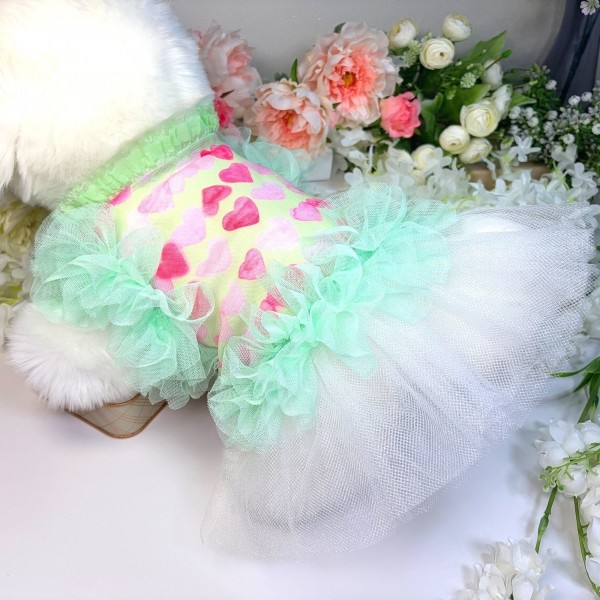 페오펫몰,[꽃길특가]하트그린프릴 강아지드레스,강아지여름원피스,생일파티드레스