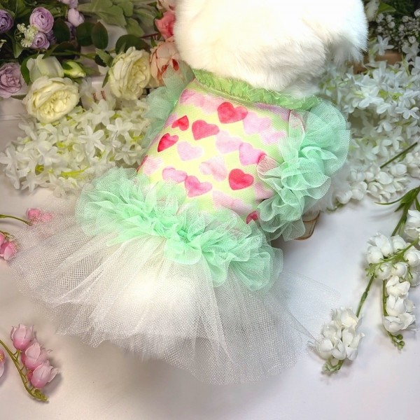 페오펫몰,[꽃길특가]하트그린프릴 강아지드레스,강아지여름원피스,생일파티드레스