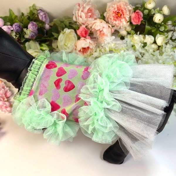 페오펫몰,[꽃길특가]하트그린프릴 강아지드레스,강아지여름원피스,생일파티드레스