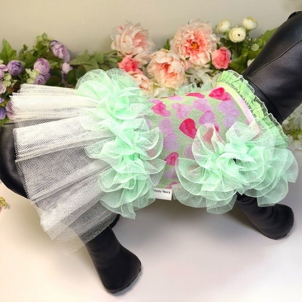 페오펫몰,[꽃길특가]하트그린프릴 강아지드레스,강아지여름원피스,생일파티드레스