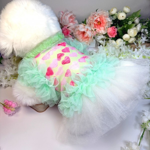 페오펫몰,[꽃길특가]하트그린프릴 강아지드레스,강아지여름원피스,생일파티드레스